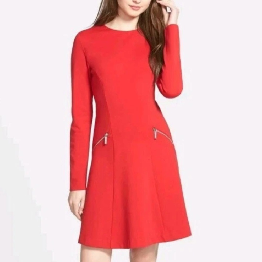MICHAEL Michael Kors Long Sleeve A-line Zip Ponte Dress Red Blaze 0
